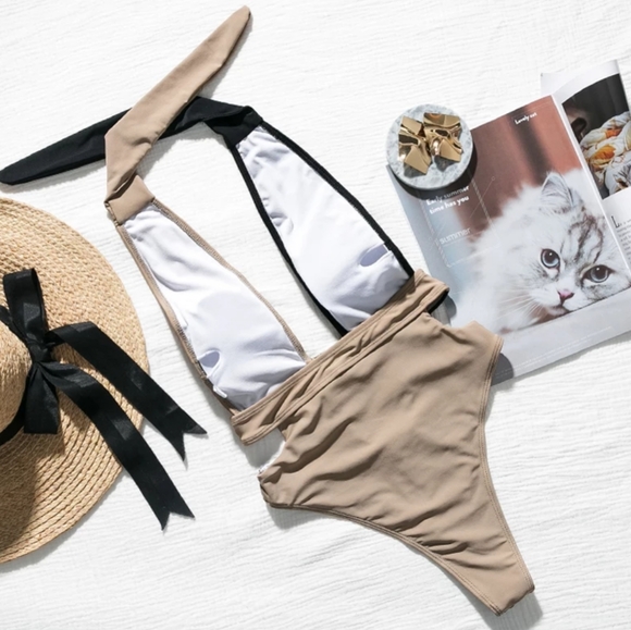 One Piece High Cut Swimsuit Push Up Splice Buckle - Picture 3 of 4